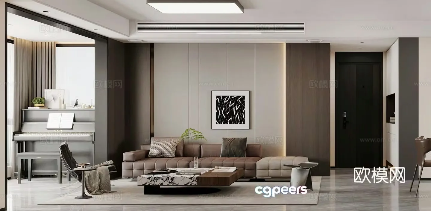 Modern living and dining room combination sofa piano study lounge chair dining table modern living room 3d model