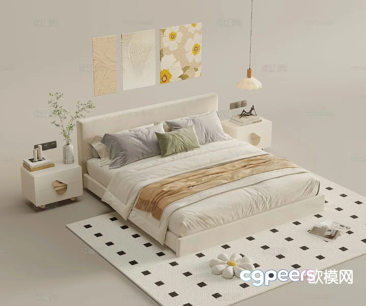 Cream style double bed 3d model