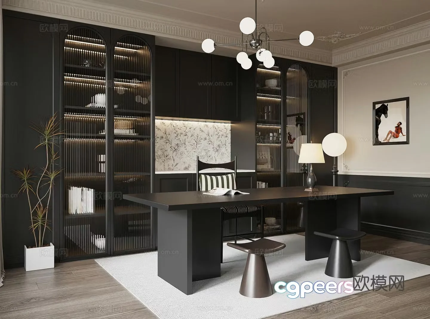 Study room French retro style study bookcase desk chair office desk 3d model
