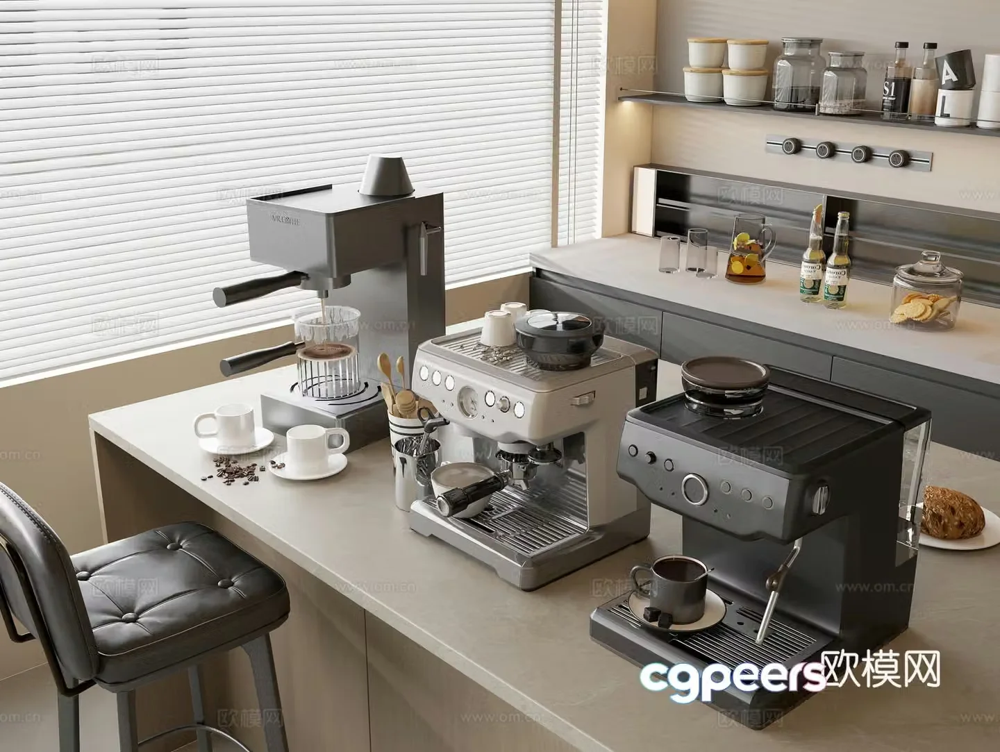 Coffee machine Bean grinder Coffee beans Drinks Dessert Coffee cup Bar bar chair 3d model