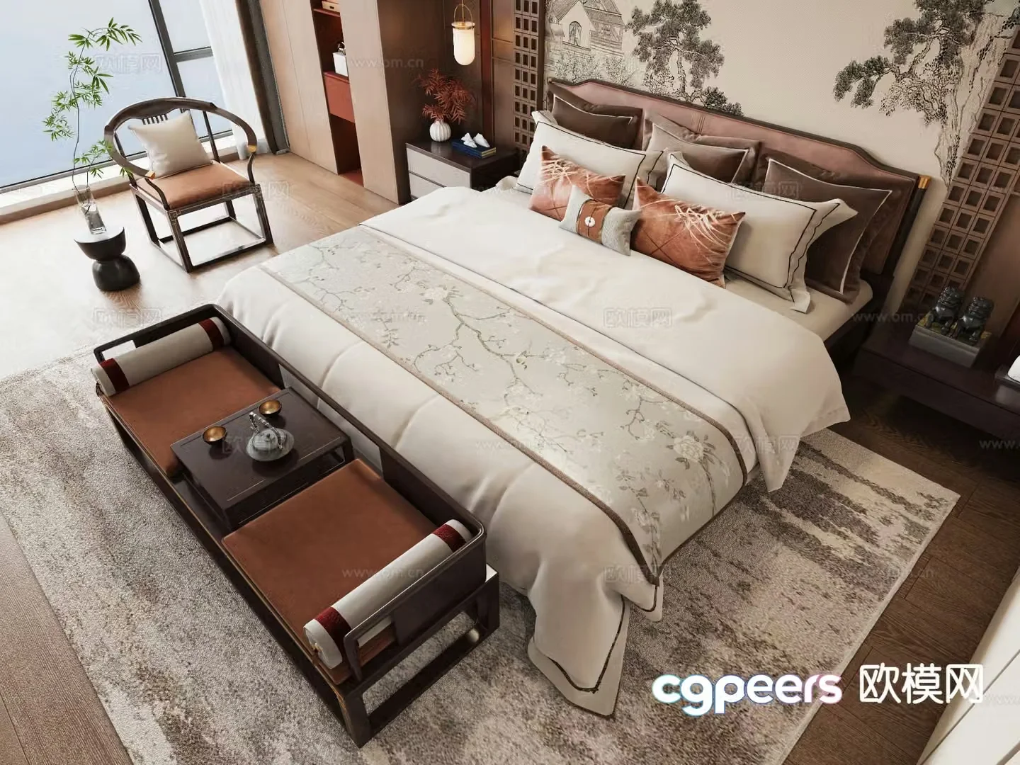 New Chinese style double bed 3d model