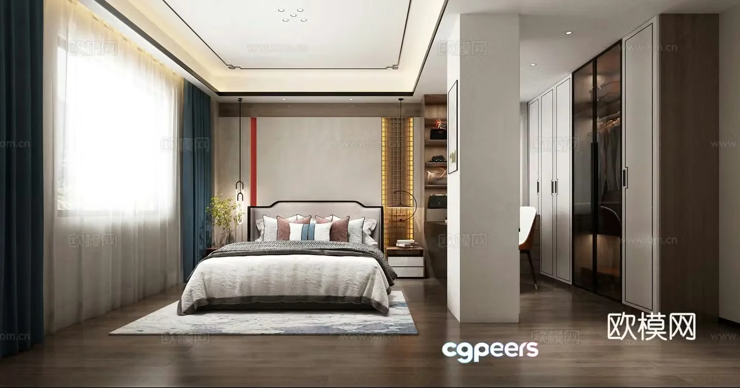 New Chinese style master bedroom cloakroom bed combination 3D model