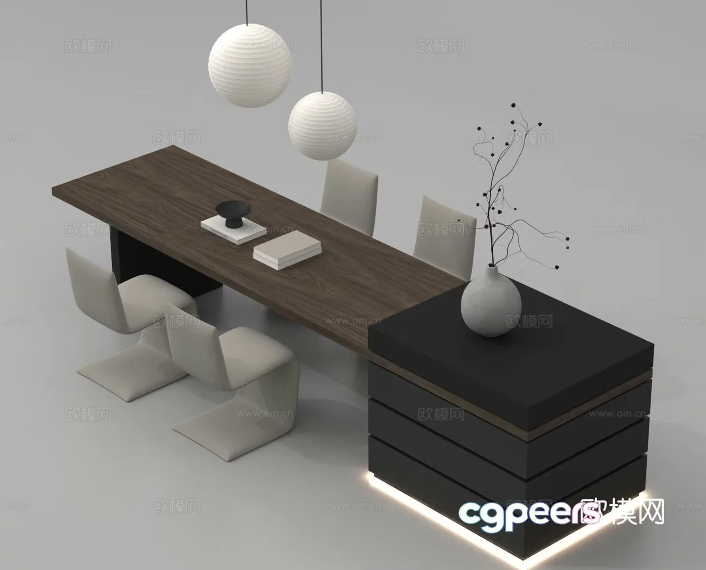 Middle Island Desk Bar Island Desk Dining Table and Chair Floral Vase 3D Model
