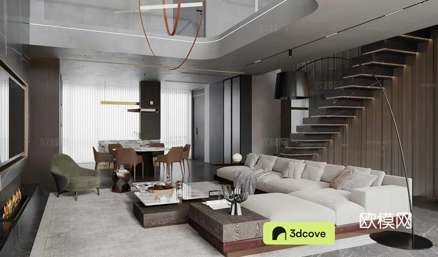 Modern living and dining room sofa coffee table Italian light luxury living and dining room large flat floor living and dining room horizontal living room