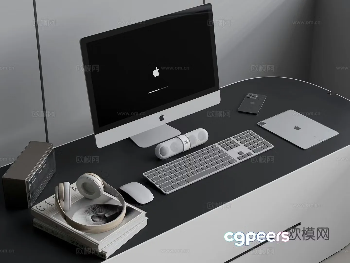 Apple all-in-one tablet computer keyboard mouse audio headphone mobile phone clock 3d model