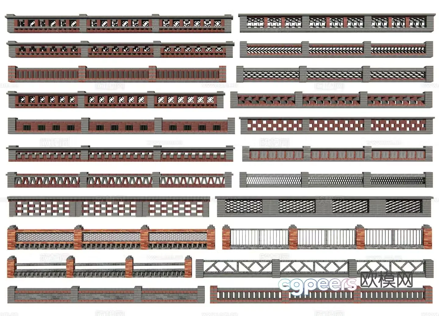 Chinese style hollow flower wall low wall rural landscape wall red brick flower pond brick wall rural courtyard wall rural 3D model