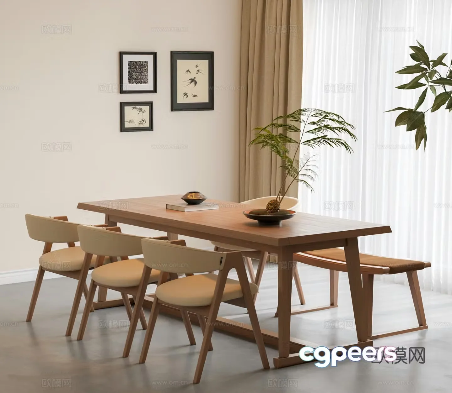 Modern dining table and chair combination log dining table and chair combination dining chair green plant 3d model