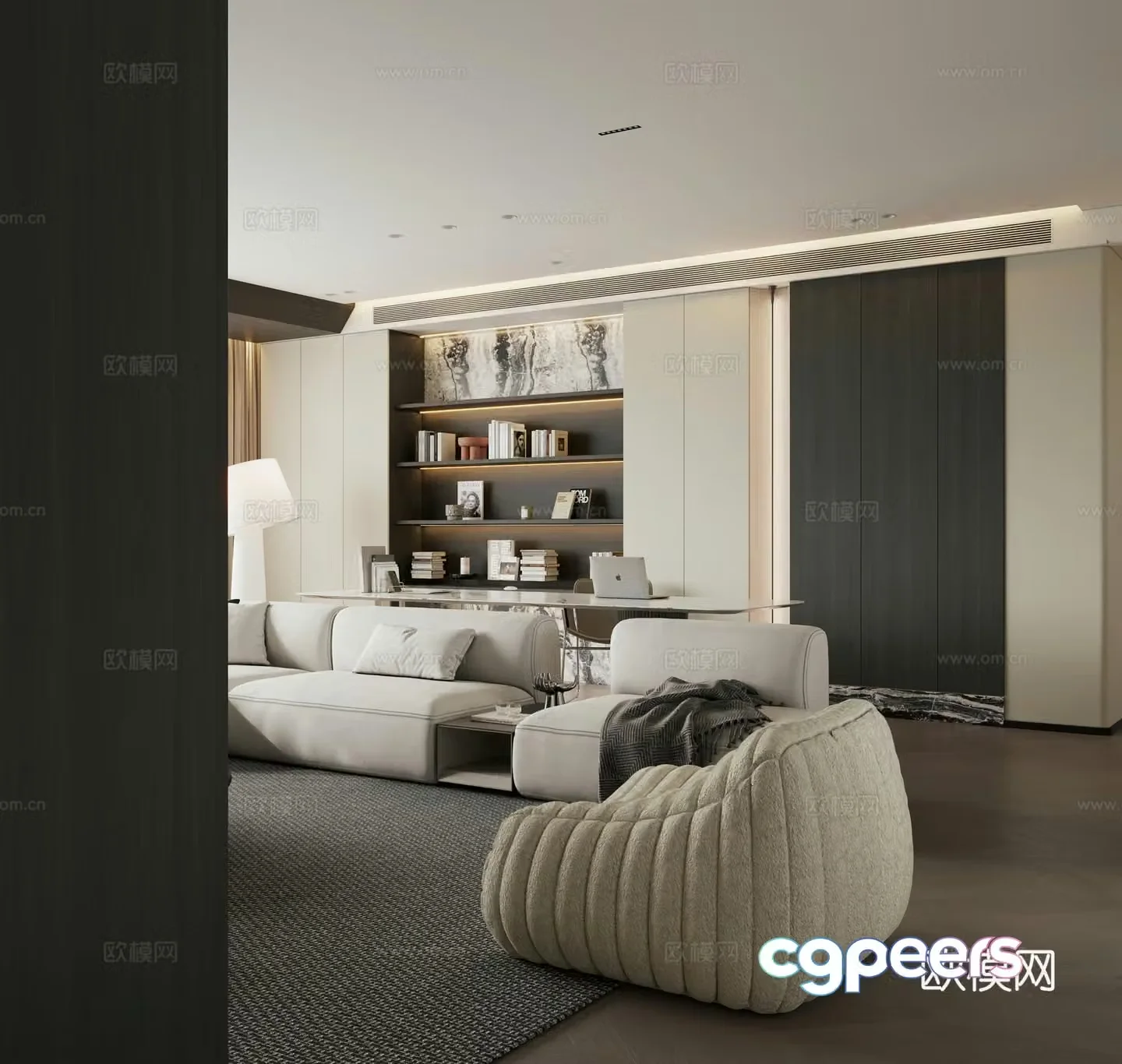 Modern black and white minimalist living room horizontal hall large flat floor living room and study integrated 3D model