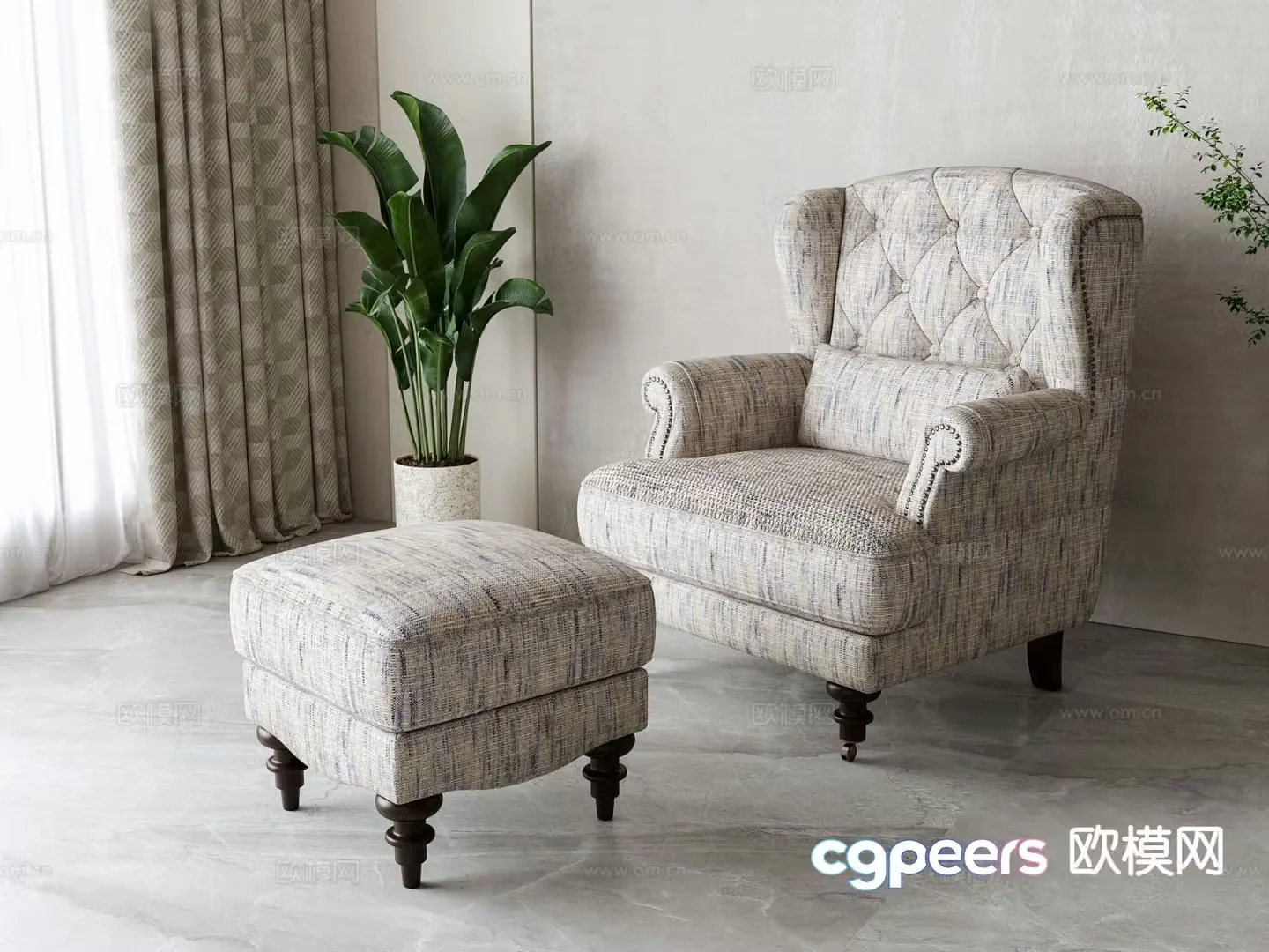 American single sofa footstool 3d model