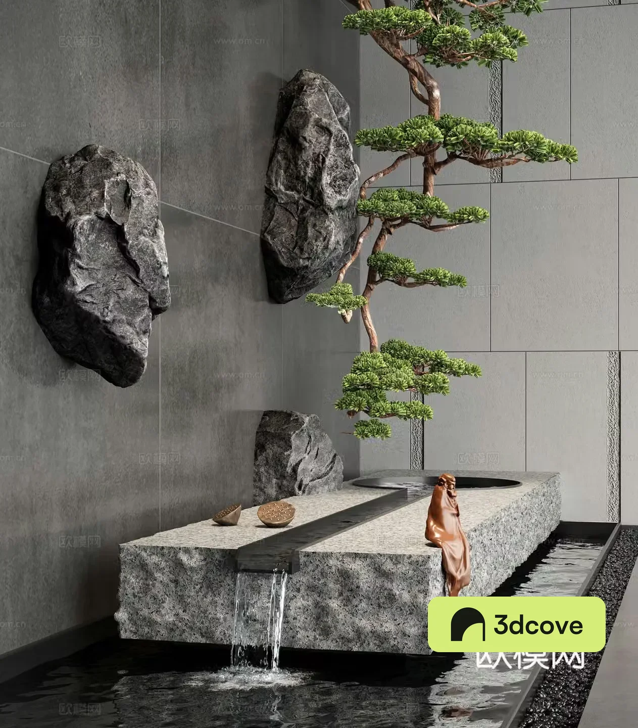 Modern water landscape water bowl pool flowing water landscape stone hanging tree