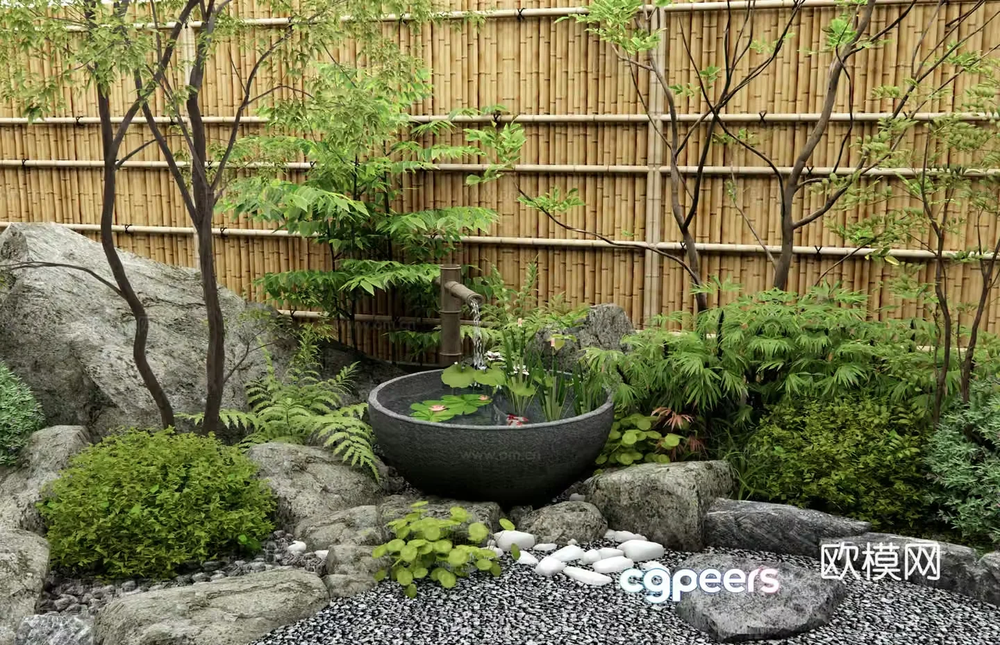 Japanese style courtyard sketch dry landscape water bowl stone mortar waterscape flowing water ornament stone placement landscape stone 3D model