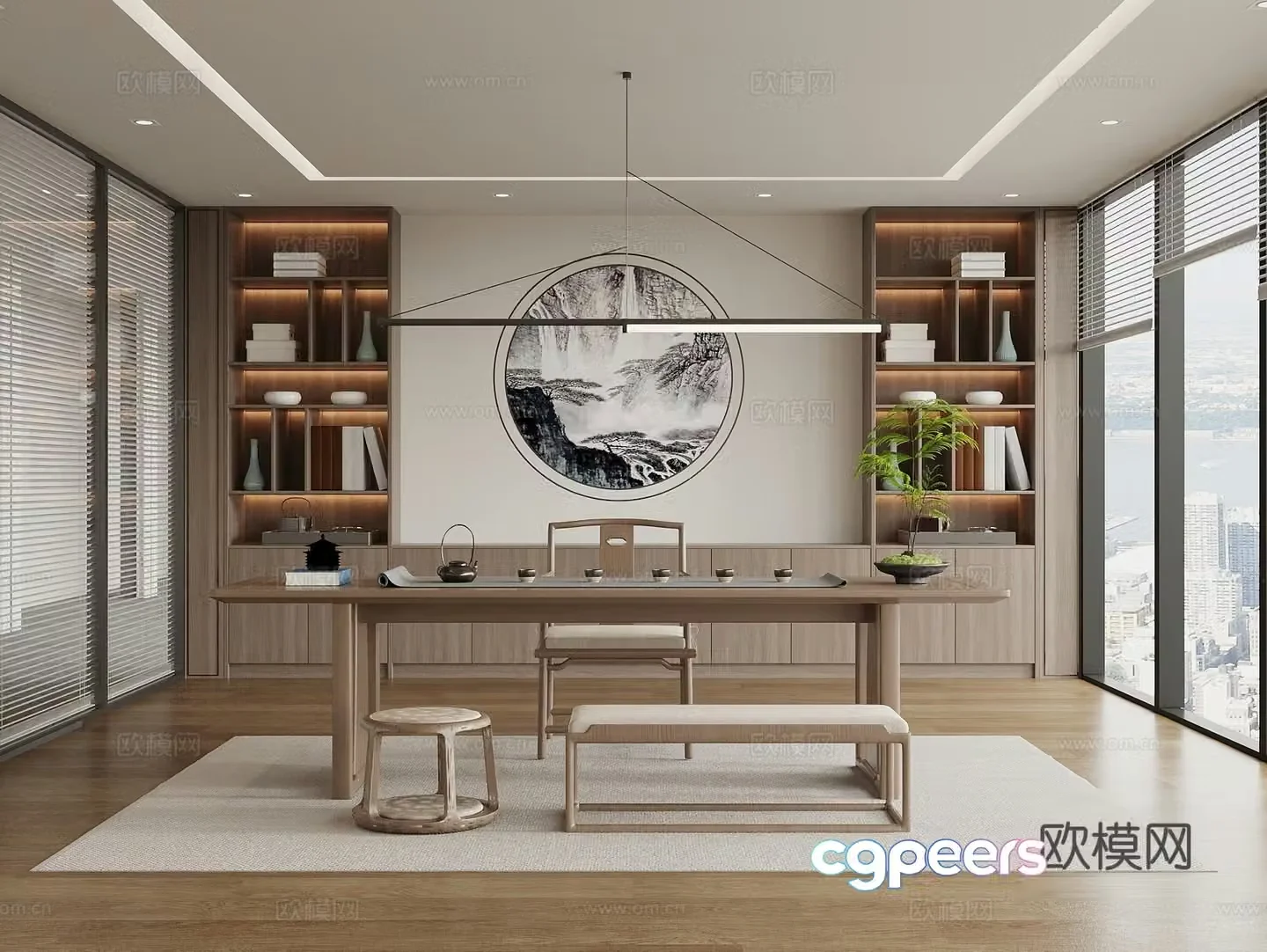 New Chinese style tea room tea table and chair tea room cabinet office tea room bookcase office chandeliers 3D model