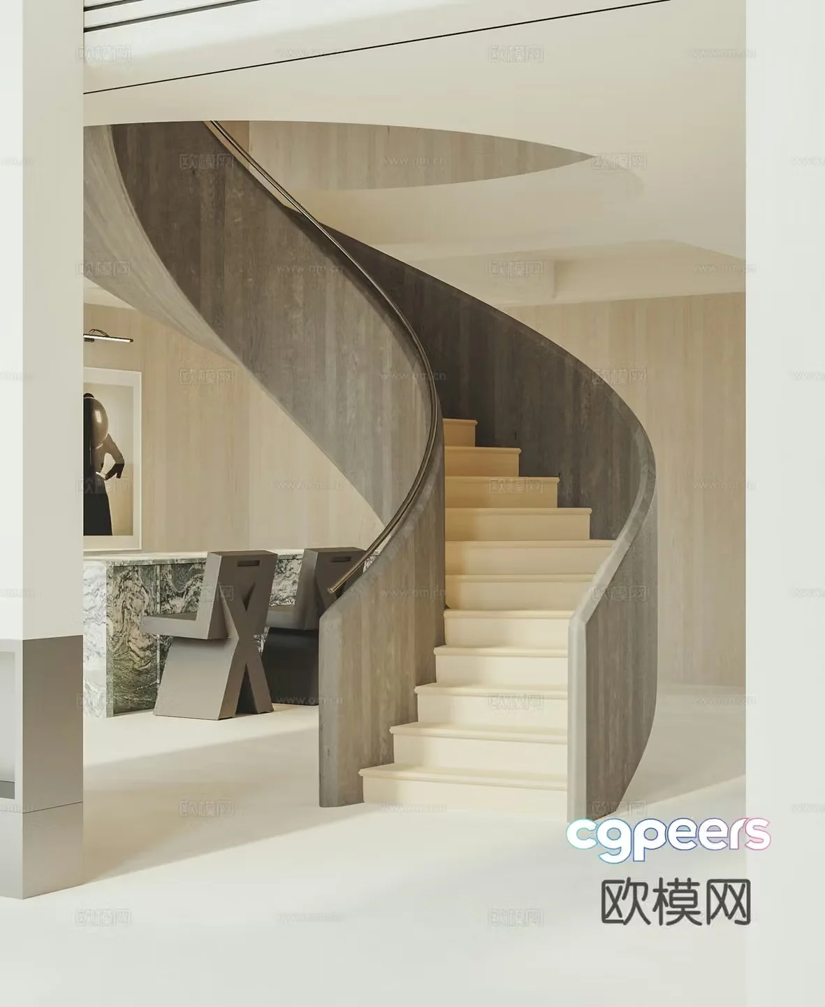 Modern stairwell Handrail Step 3D Model