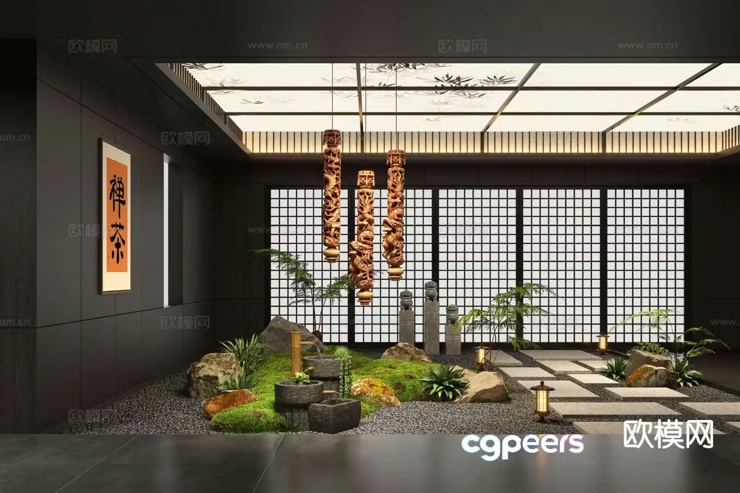 New Chinese style indoor landscape moss landscaping 3D model