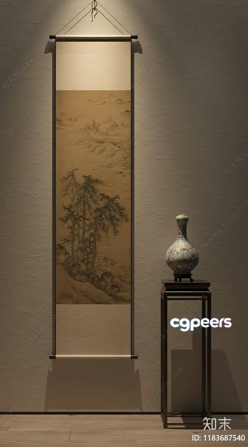 A Chinese-Style Scroll Hanging On A Wall 3D Model – 17922 – VRAY Render