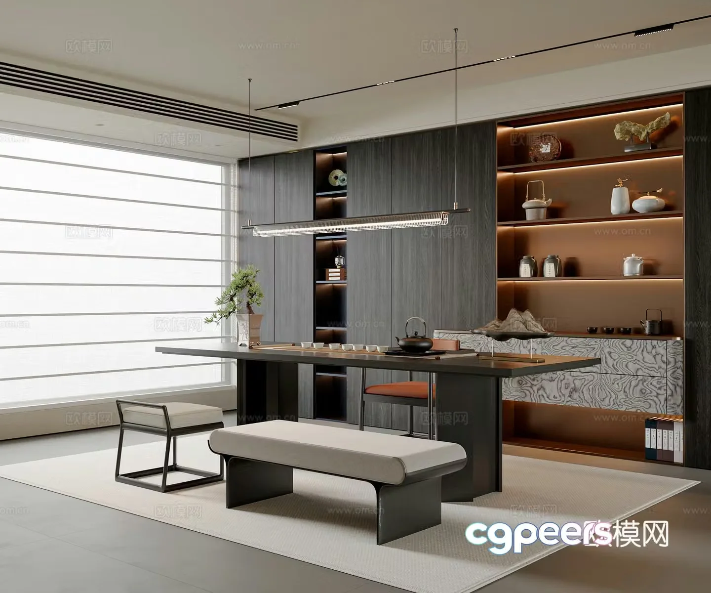 New Chinese-style Italian tea room tea table and chair combination tea room cabinet tea set tea chair chandeliers 3D model