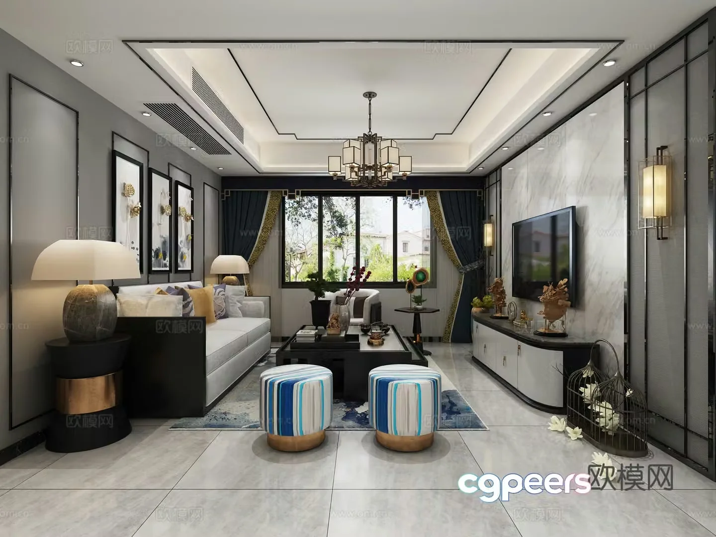 New Chinese style living and dining room New Chinese style sofa combination Dining table and chairs Coffee table corner table side table 3D model