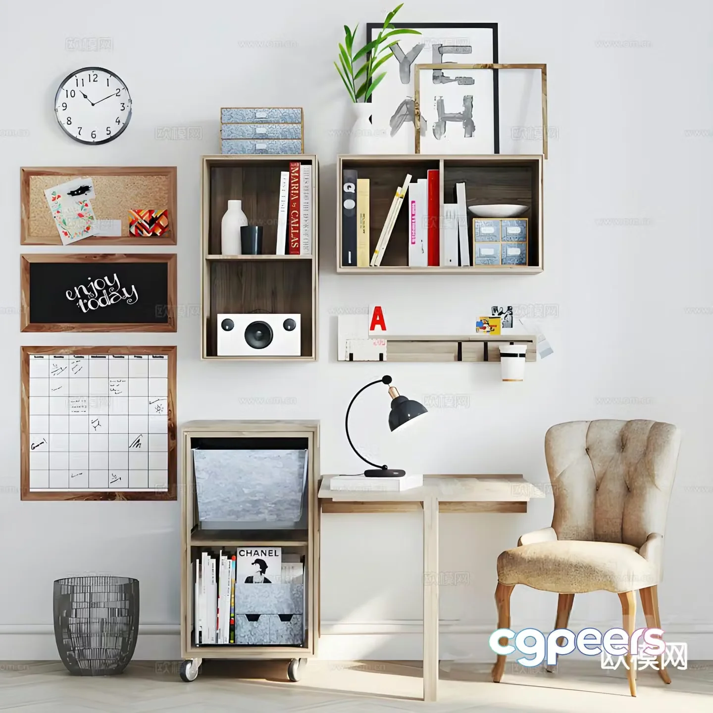 Nordic desk chair wall cabinet mobile side cabinet 3D model
