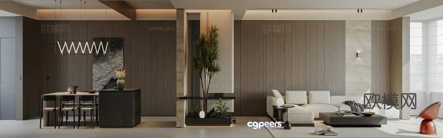 Modern light luxury living and dining room 3D model