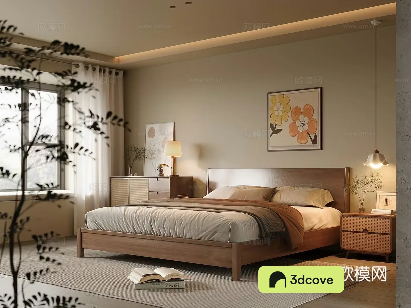 Middle-aged home bedroom solid wood double bed bedside table solid wood side cabinet chandeliers 3D model