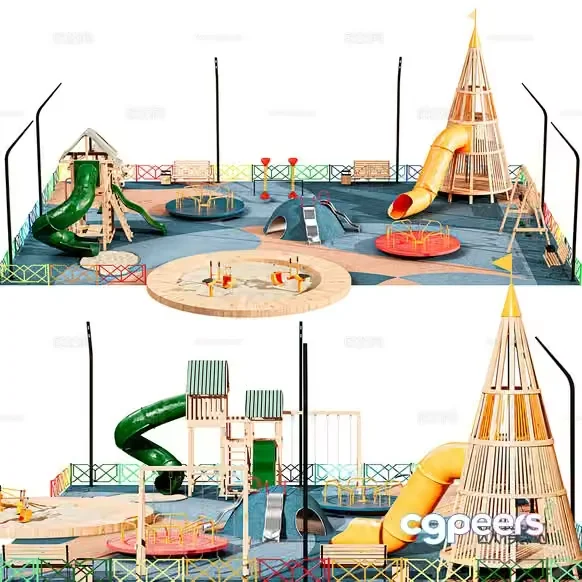 A Large Playground With Various Slides And Climbing Structures 3D Model – 9613 – CORONA Render