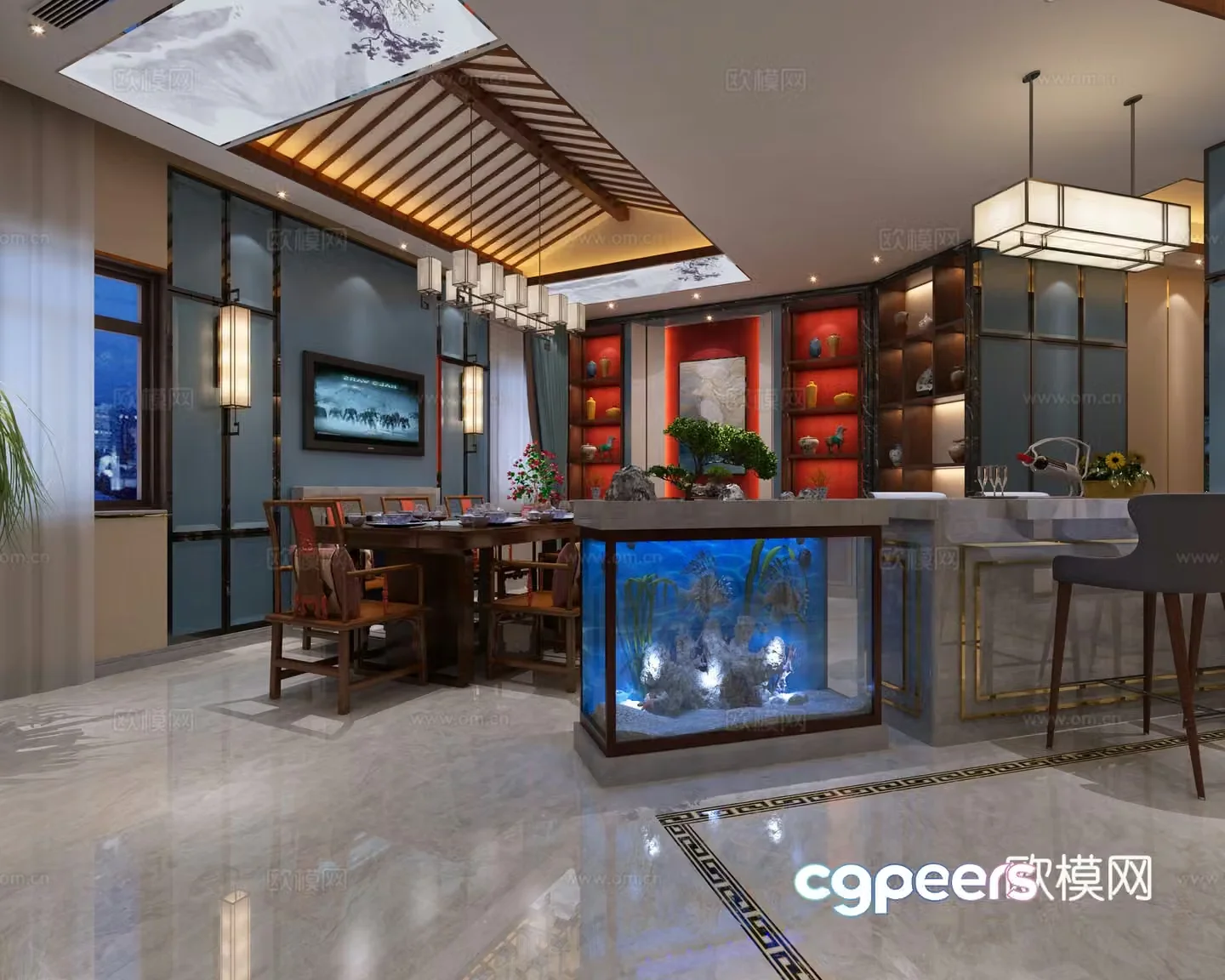 New Chinese style living and dining room entrance aisle chandeliers sofa dining table and chairs fish tank 3D model