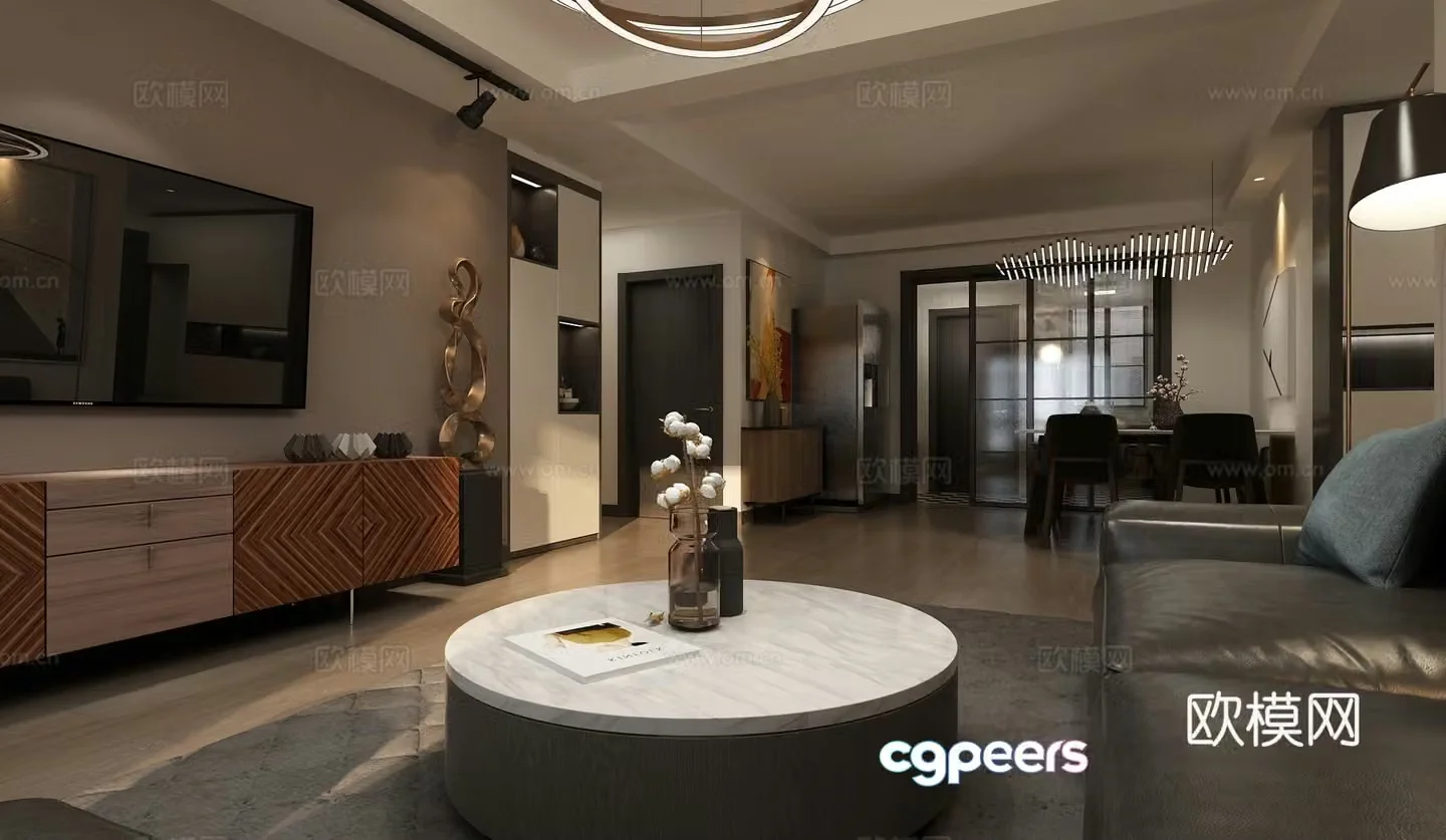 Modern simple black white and gray living and dining room kitchen bathroom dry area full 3D model