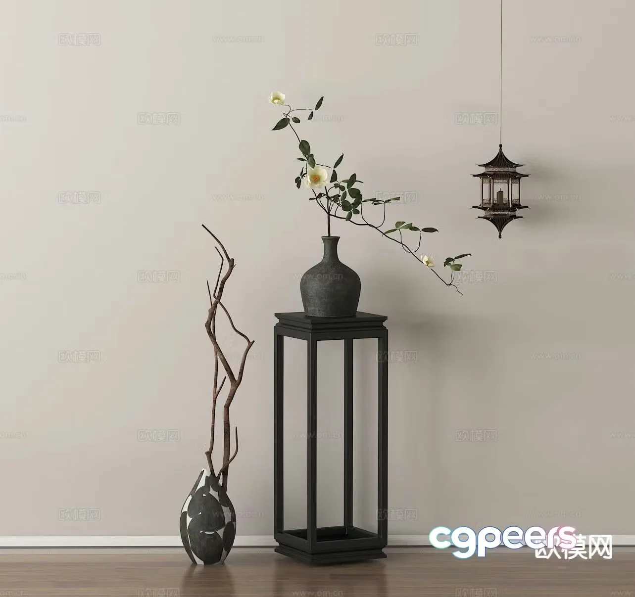New Chinese style flower table vase floral arrangement dried branches 3D model
