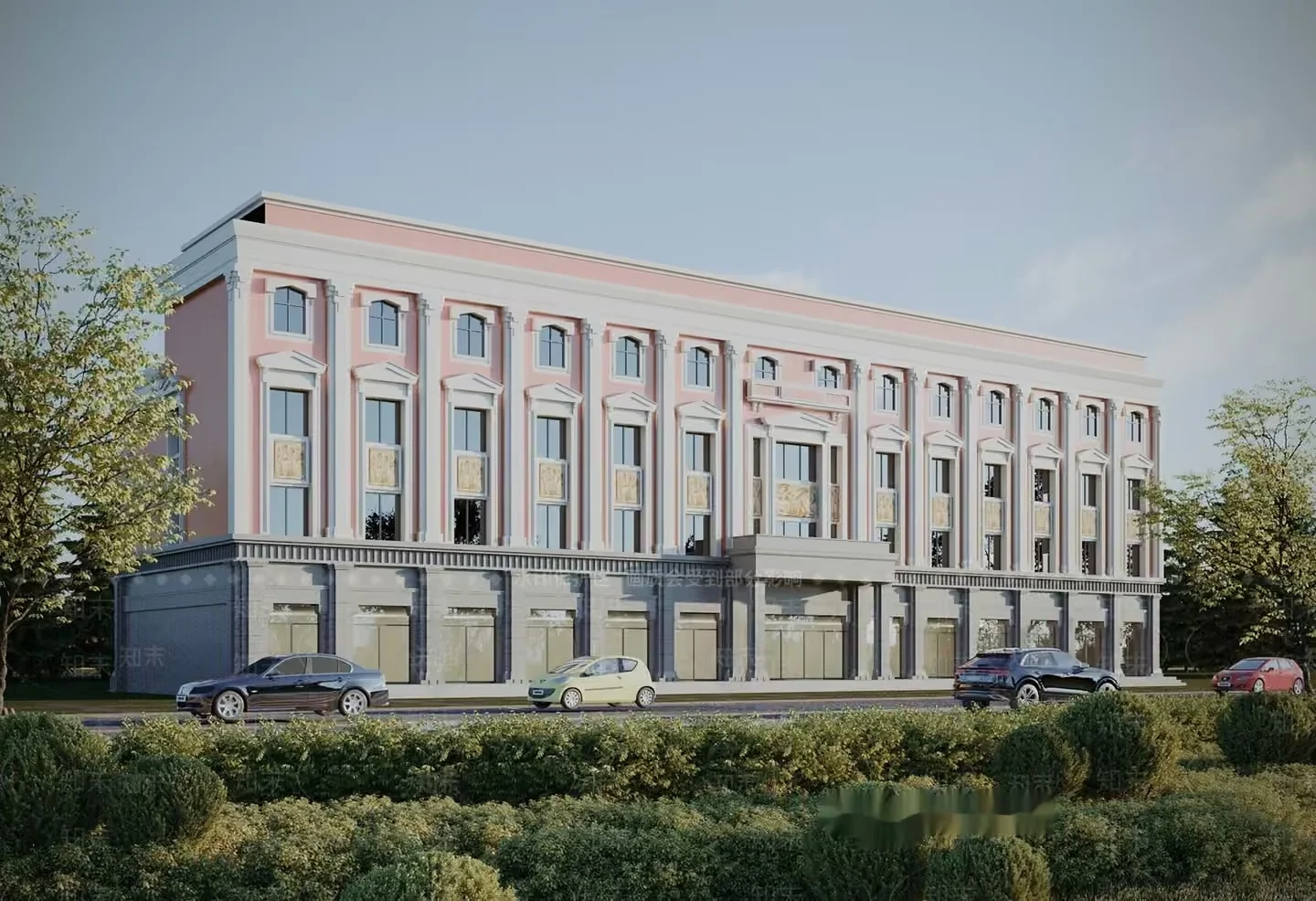 A Large Building With A Pink And White Facade 3D Model – 5777 – VRAY Render