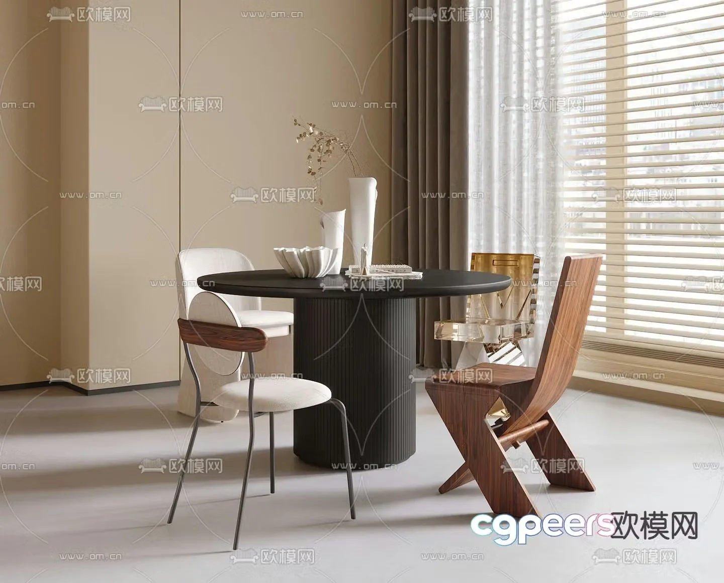 Medieval style round dining table dining table and chairs 3D model