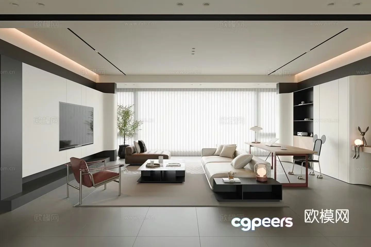 Modern minimalist living room large flat living room horizontal hall sofa and coffee table combination single casual chair 3D model