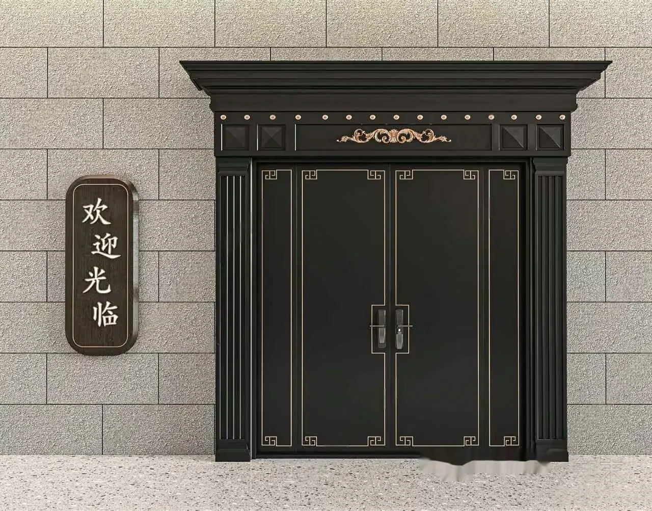 A Black Door With Gold Accents 3D Model – 17325 – VRAY Render