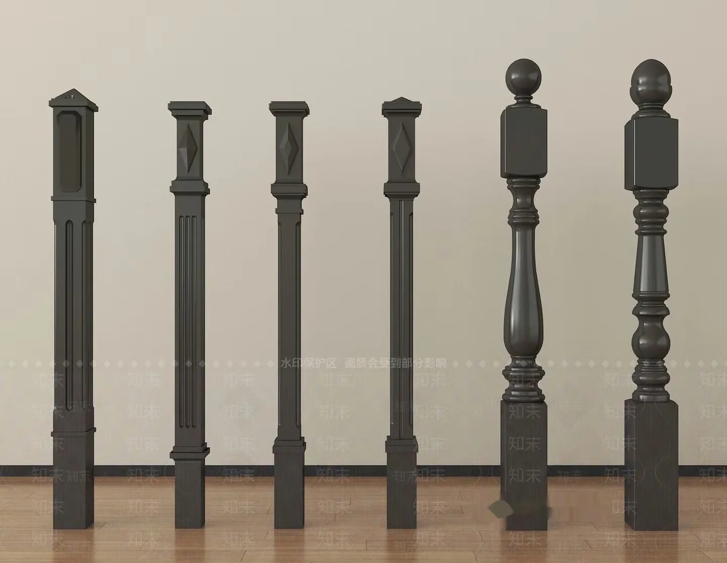 Seven Dark Gray Wooden Posts 3D Model – 2585 – VRAY Render