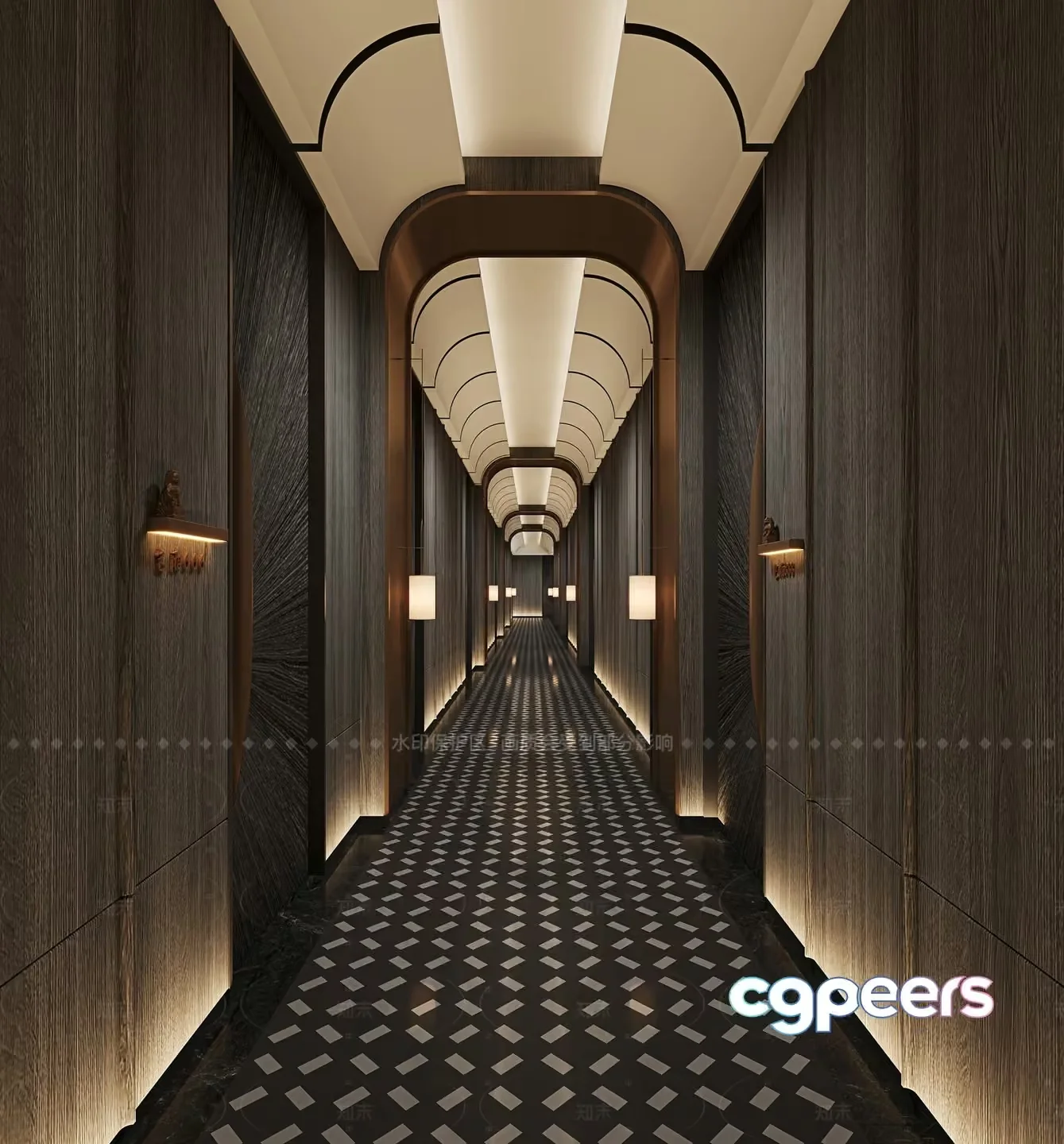 A Long Hallway With A Black And White Tiled Floor 3D Model – 5023 – CORONA Render