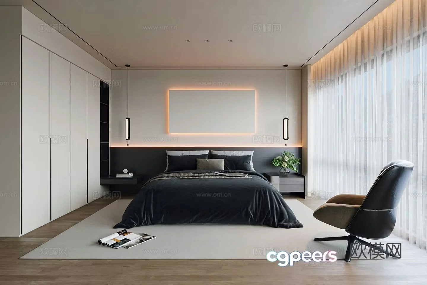 Modern bedroom black and white gray bedroom 3d model