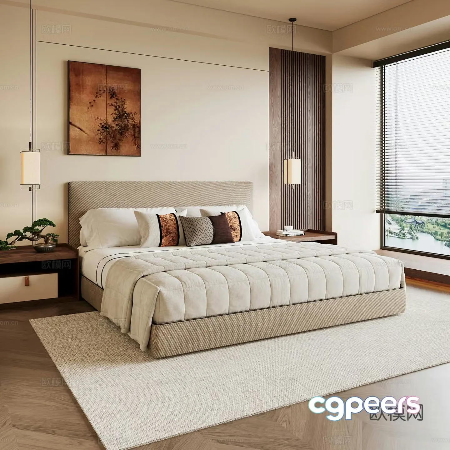 New Chinese style home bedroom Song family aesthetic bedroom Song style bedroom New Chinese style double bed New Chinese 3D model