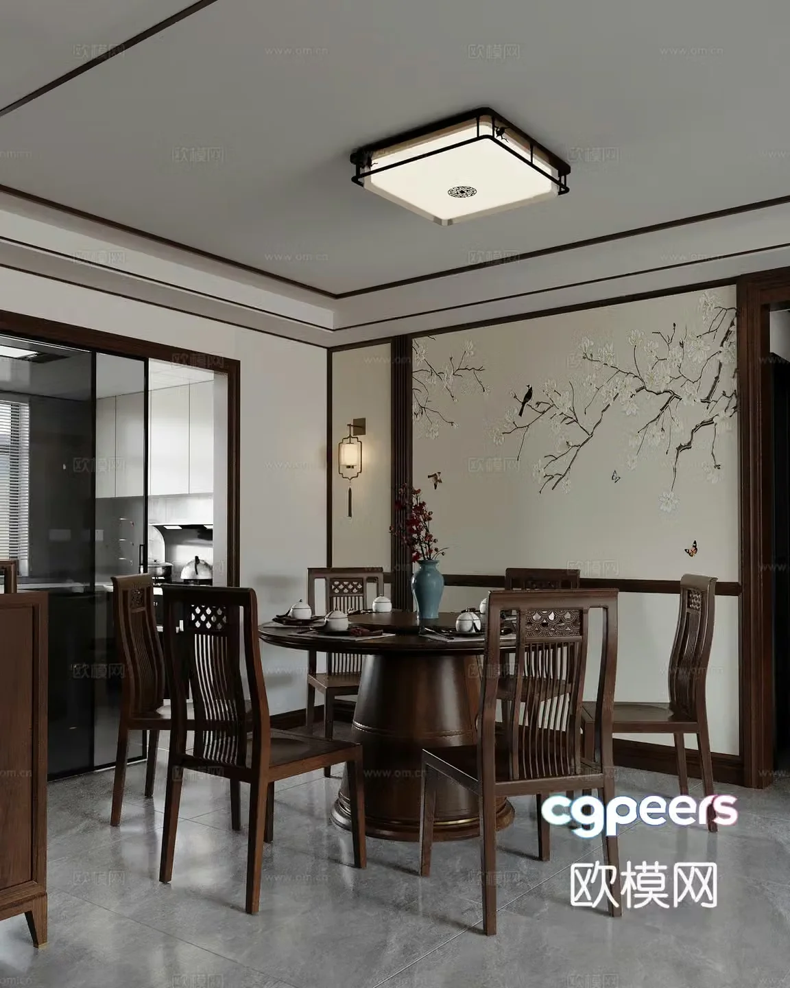 New Chinese restaurant dining table and chair 3D model