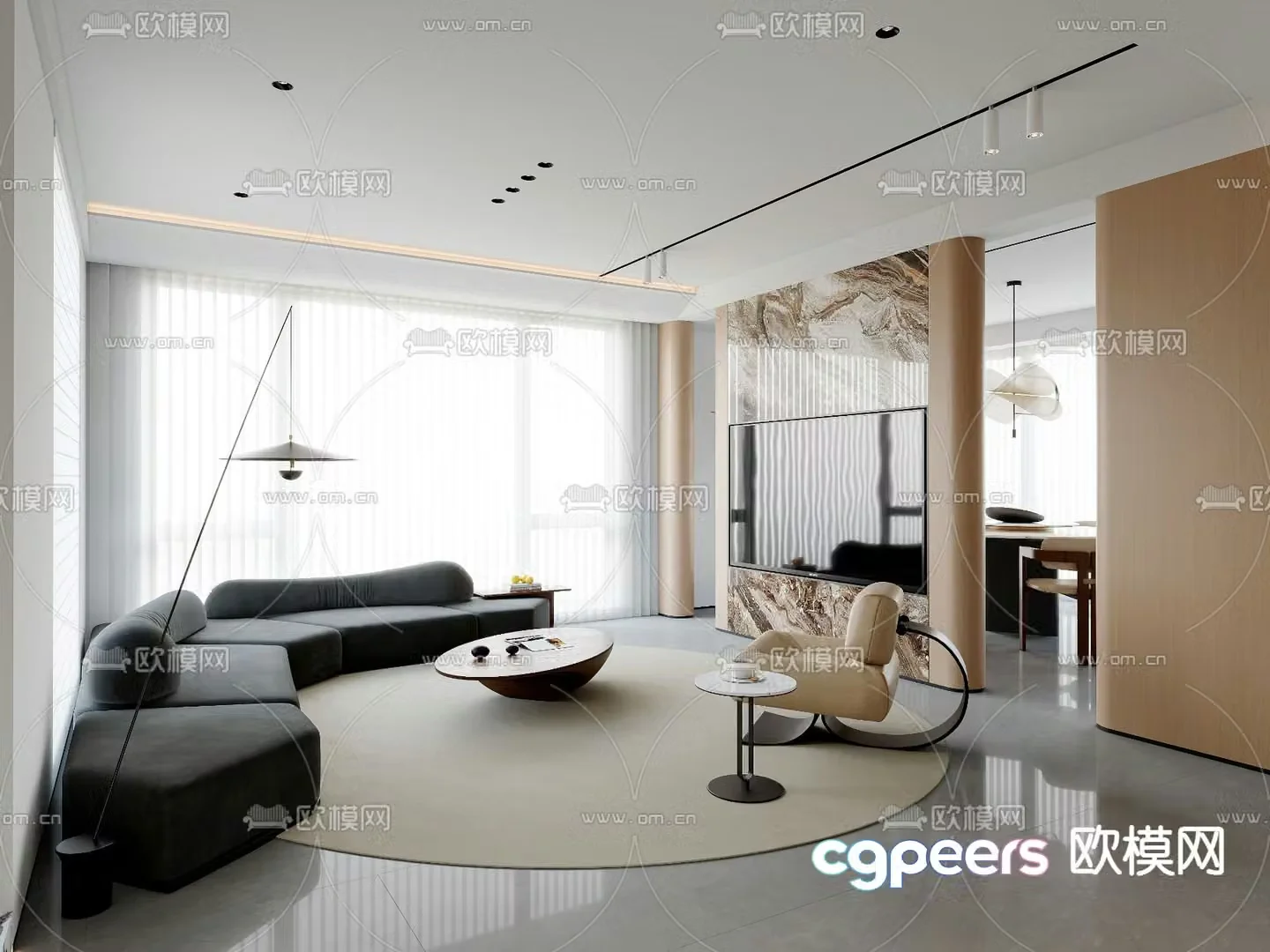 Modern living and dining room 3d model