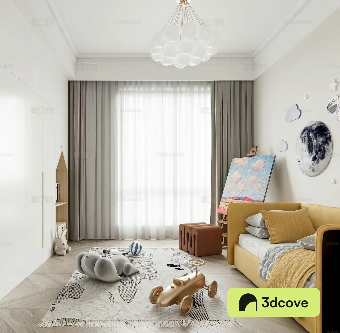 Modern children’s entertainment room sofa bed painting board children’s play area toys chandeliers