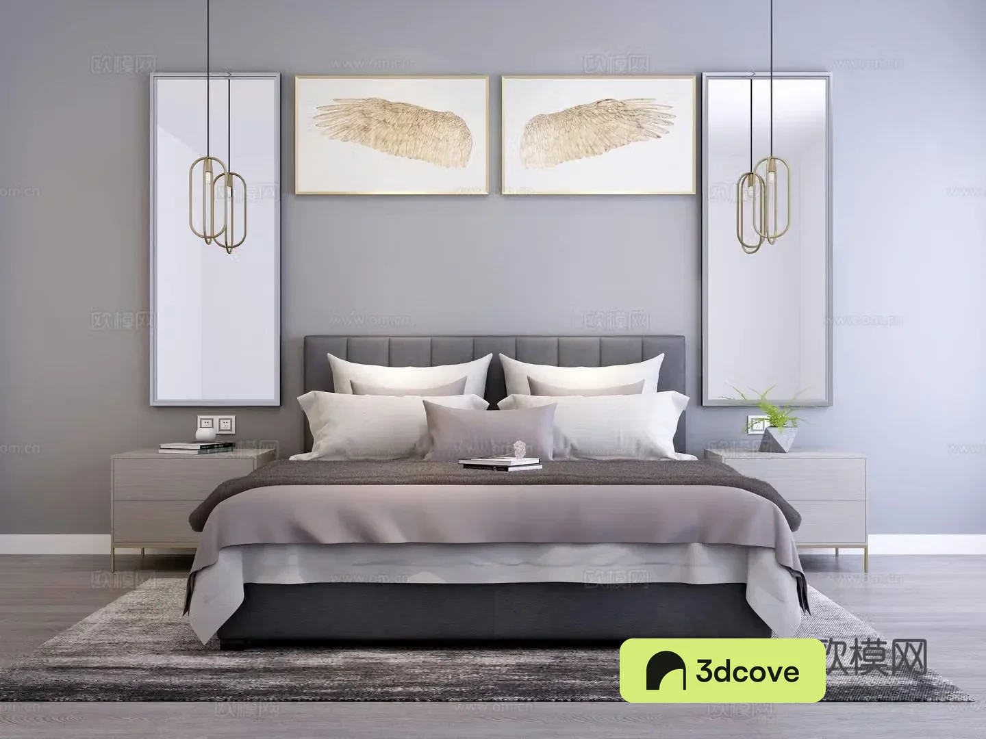 New Chinese style big bed Decorative painting Chandelier Decorative items Bedside table chest of drawers Wall decoration