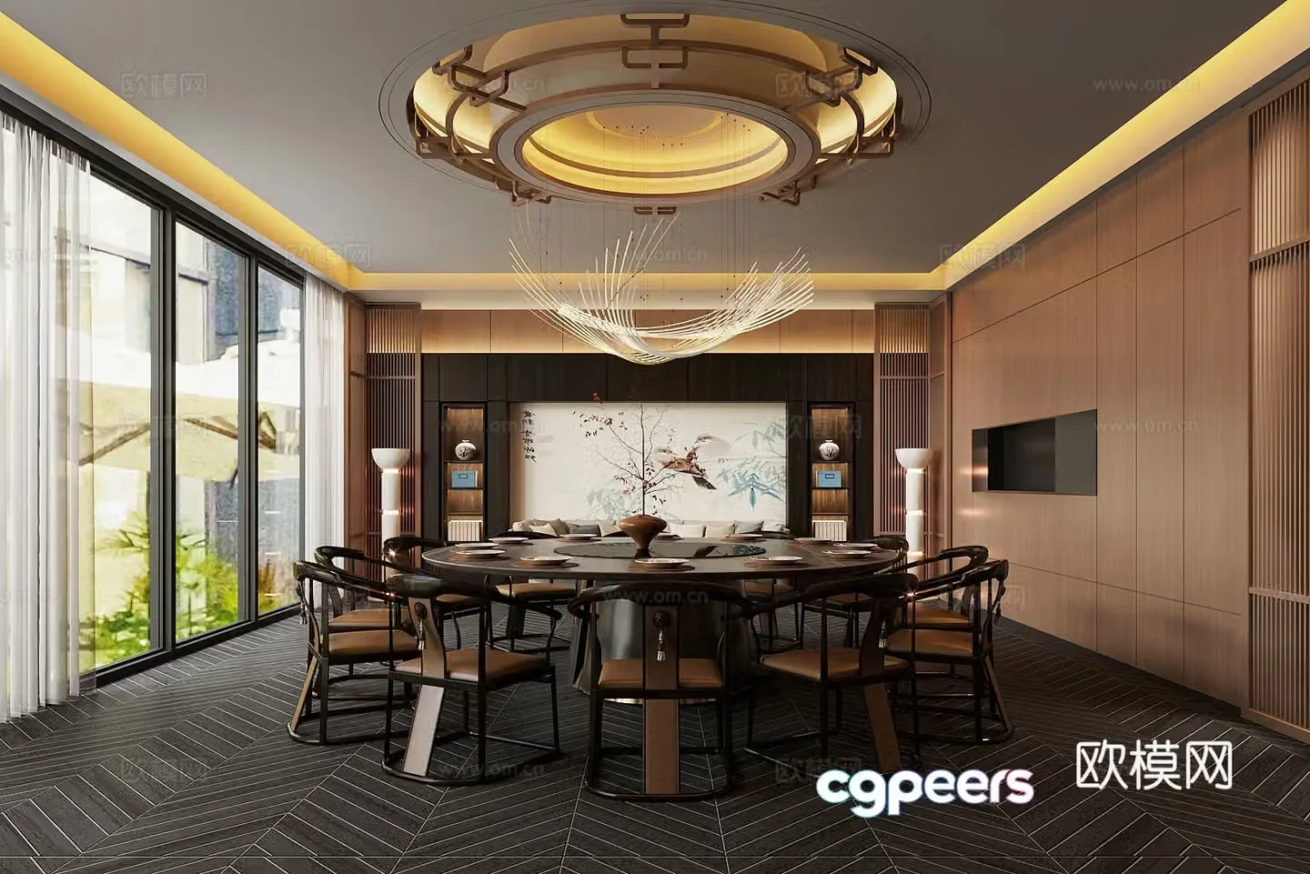 New Chinese-style private room Chinese restaurant private room Chandelier Dining table and chair combination Floor lamp 3D model