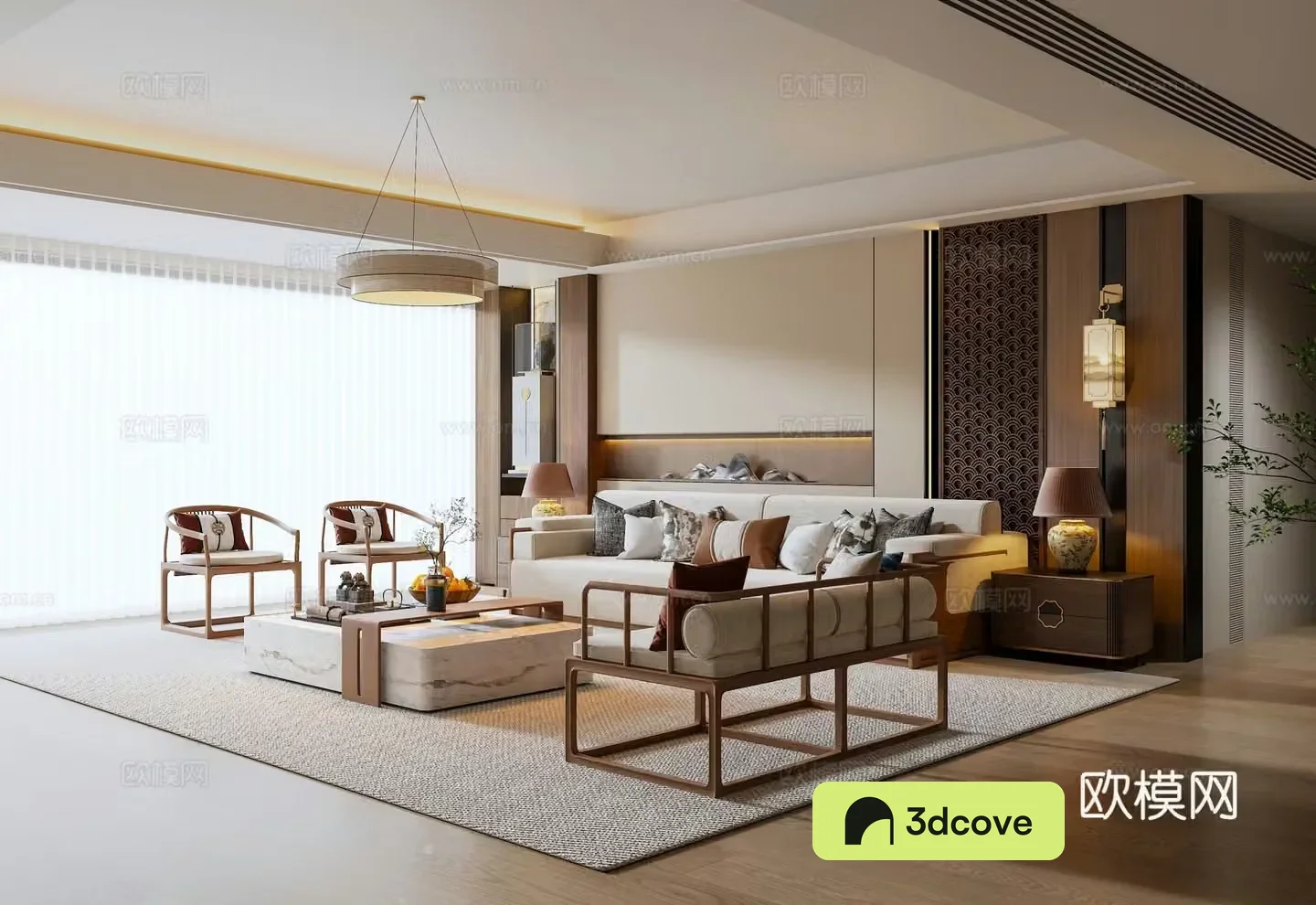 New Chinese living room New Chinese background wall New Chinese sofa coffee table combination Wall lamp
