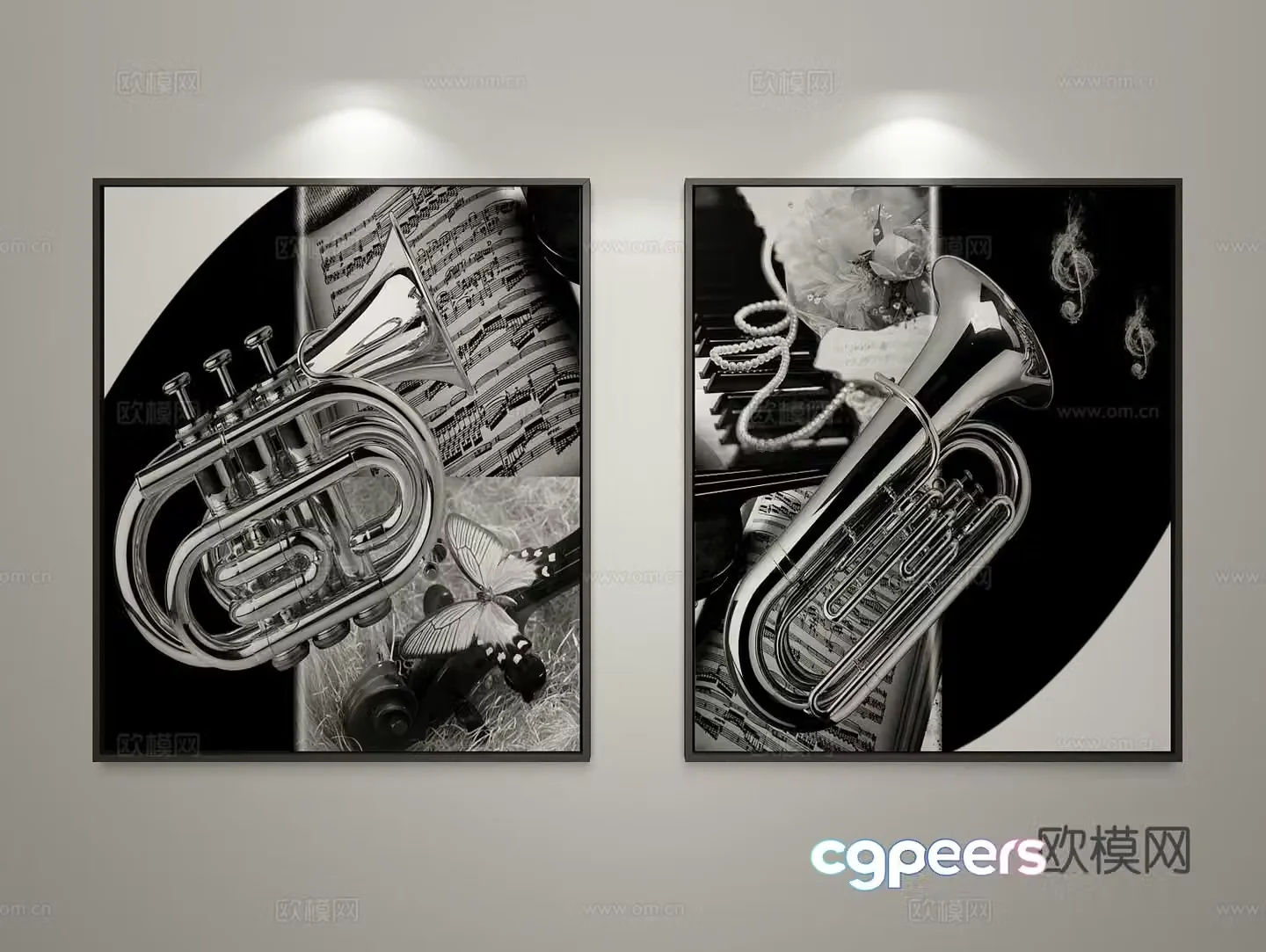 New Chinese style decorative painting photo painting musical instrument hanging painting 3D model