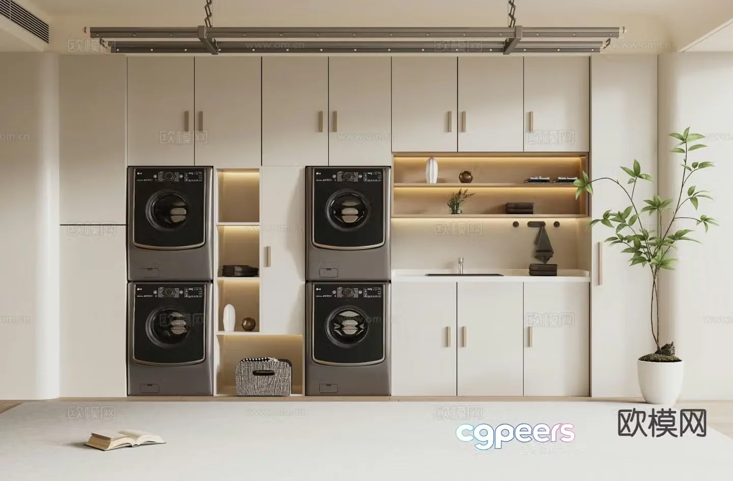 Cream style balcony cabinet washing machine cabinet 3d model