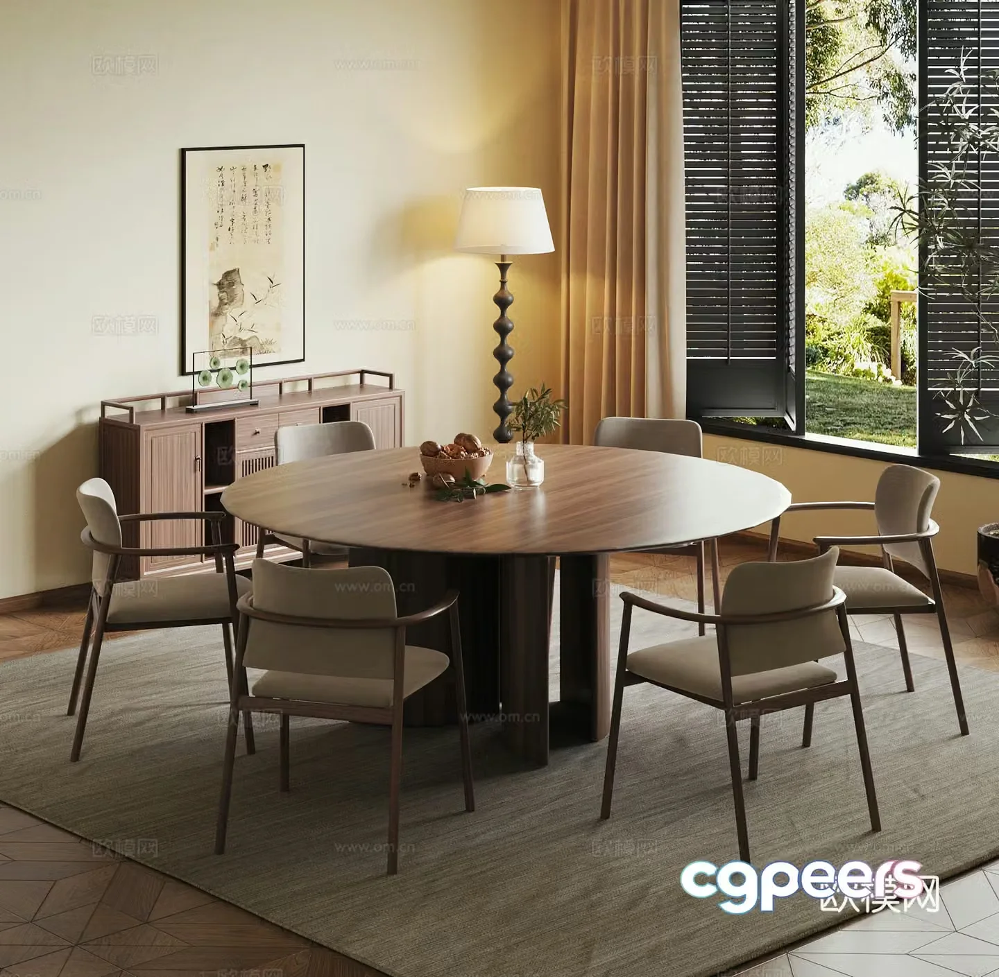 Jijifeng Restaurant Dining table and chairs Side cabinet Floor lamp 3D model