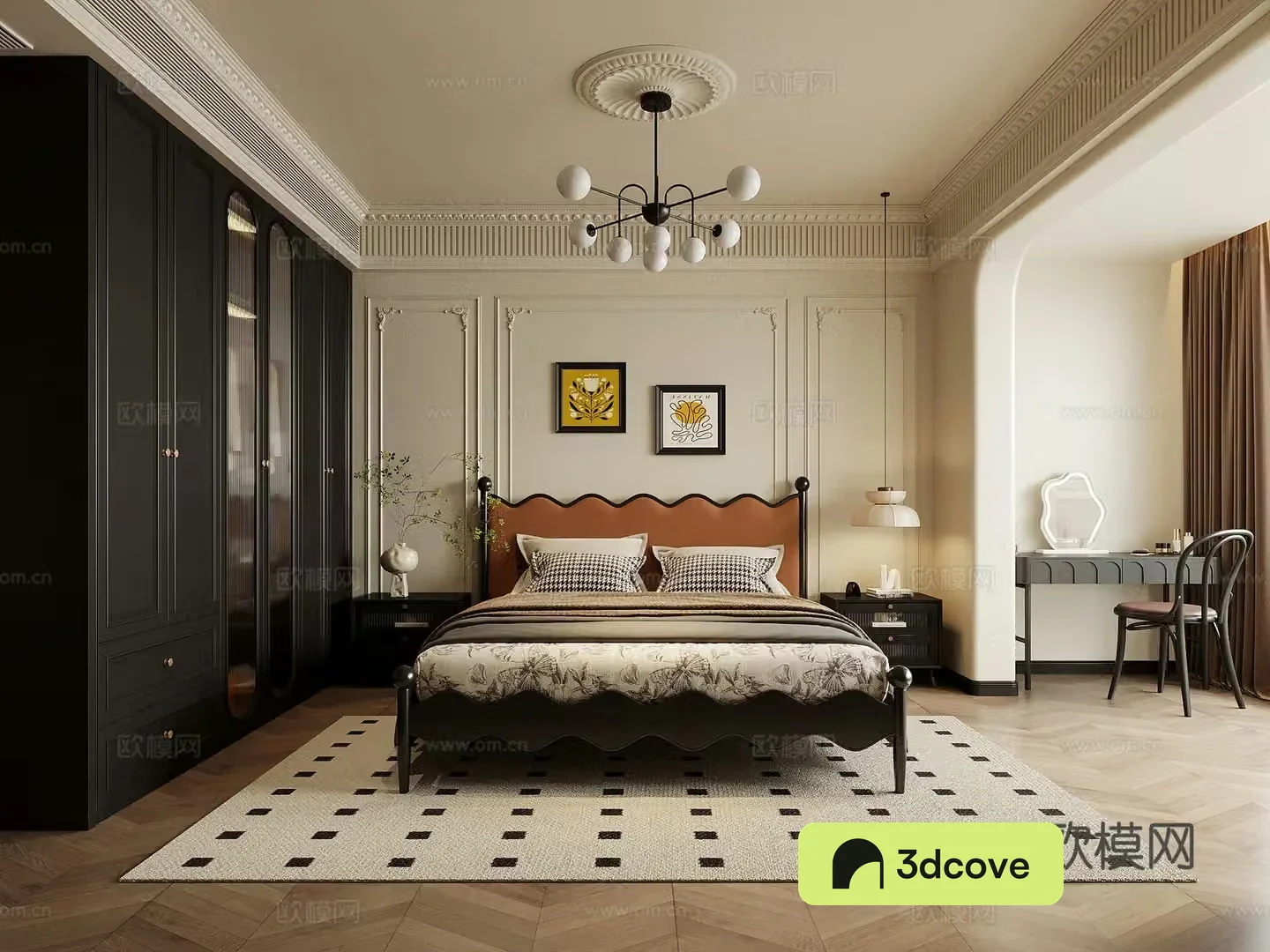 Home bedroom French retro style bedroom Double bed nightstand wardrobe dressing table