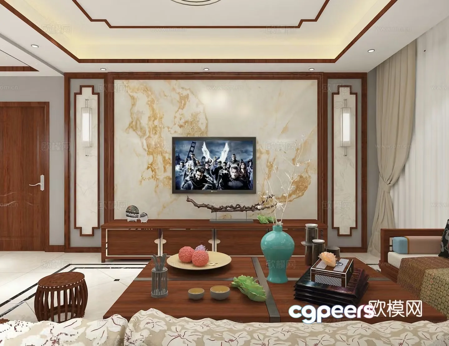 Chinese living and dining table and chairs 3D model
