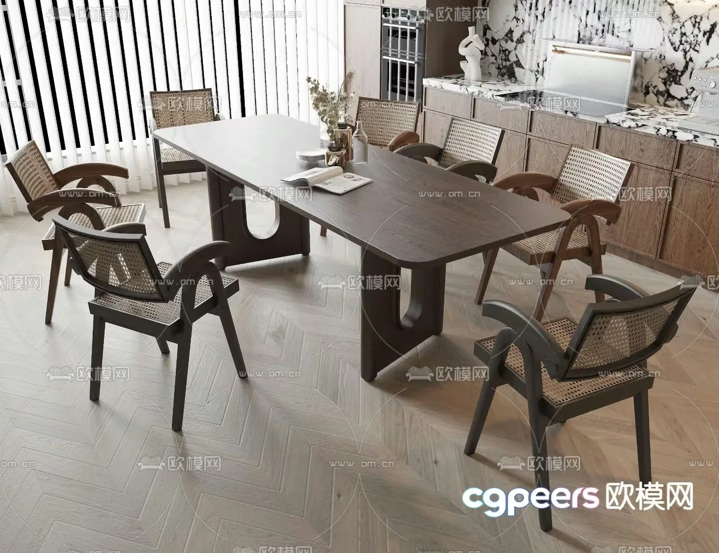 Wabi-sabi dining table and chairs strip dining table 3d model