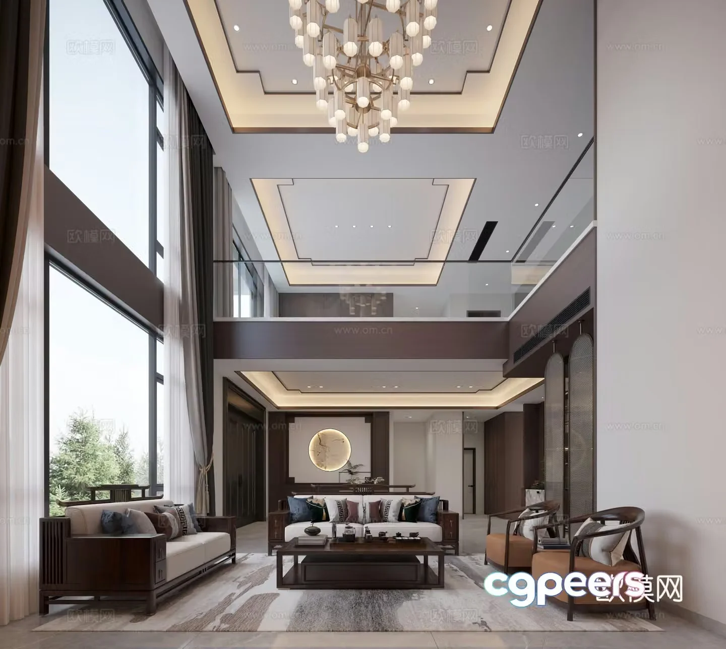 New Chinese style empty living room Chinese style villa living room New Chinese style villa entrance 3D model