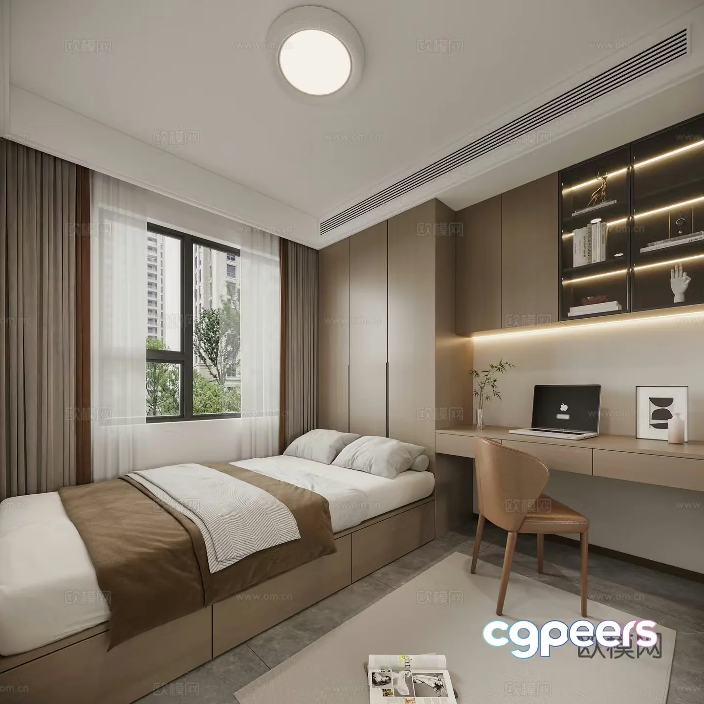 Modern Italian tatami bedroom desk chair ceiling lamp curtain carpet 3d model